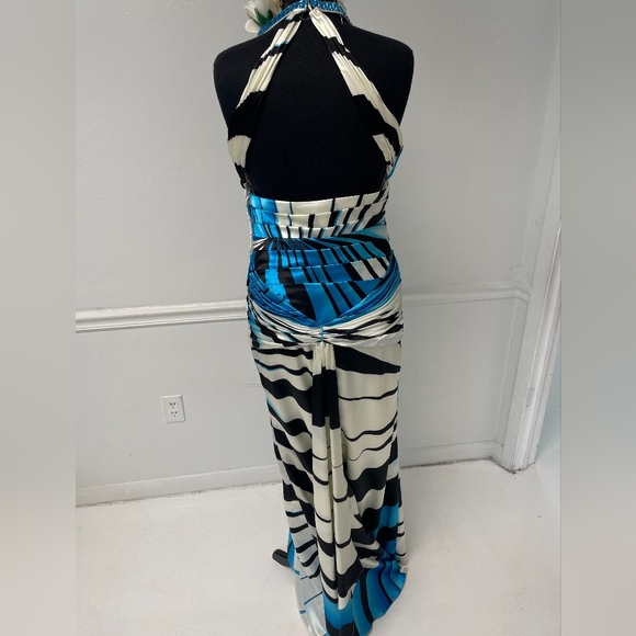 NWOT Kiss Kiss halter Dress w slit. Size 14 in blue, black and ivory - Picture 3 of 6